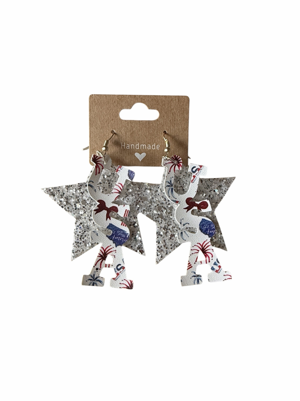 Roselee Glitz patriotic star dangle earrings featuring silver glitter stars with red, white, and blue firework patterns.