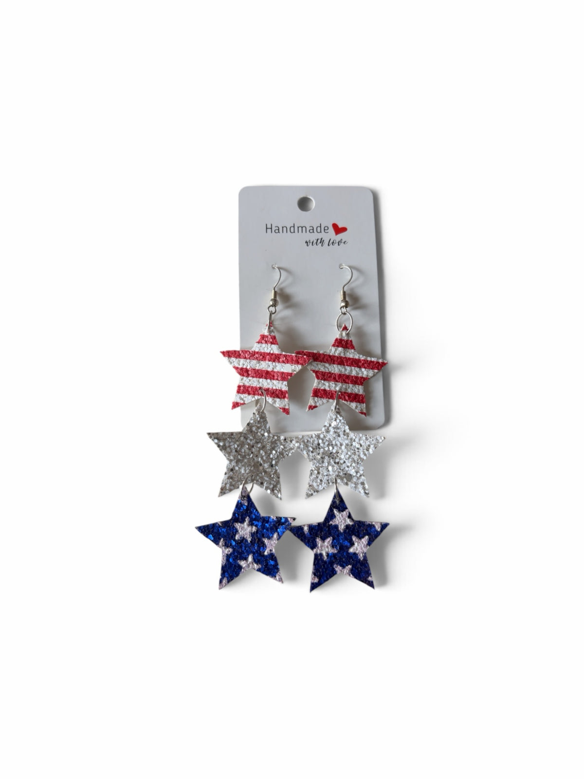 Roselee Glitz triple layered star dangle earrings in red, white, and blue glitter faux leather for patriotic events.