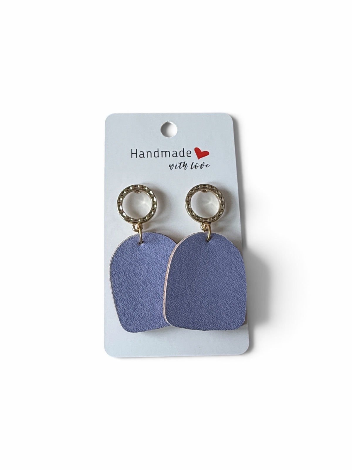 Roselee Glitz periwinkle blue arch-shaped leather drop earrings with textured gold-tone circular hoops on display card