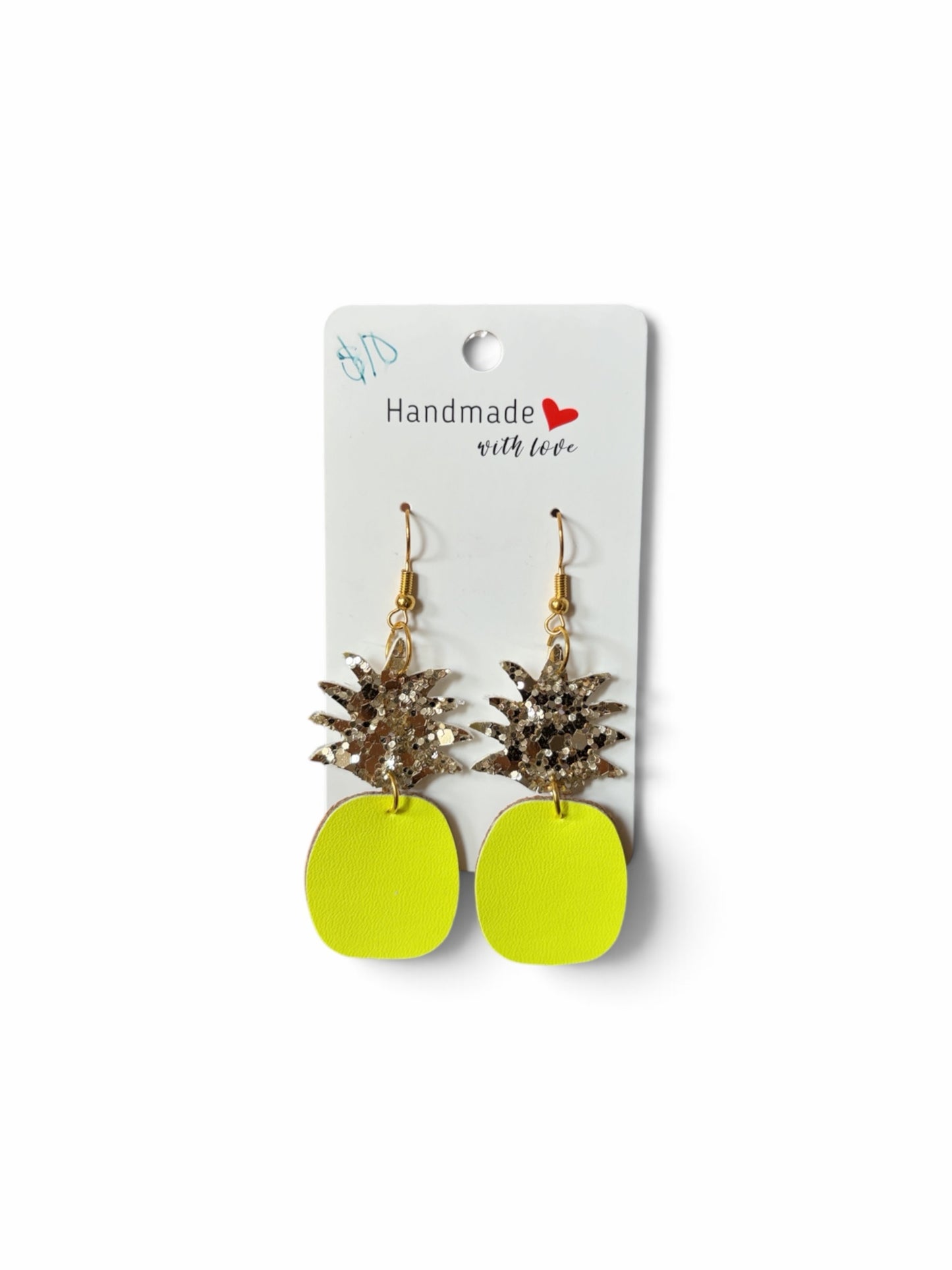 Roselee Glitz handmade pineapple dangle earrings with glittery gold crowns and neon yellow faux leather discs.