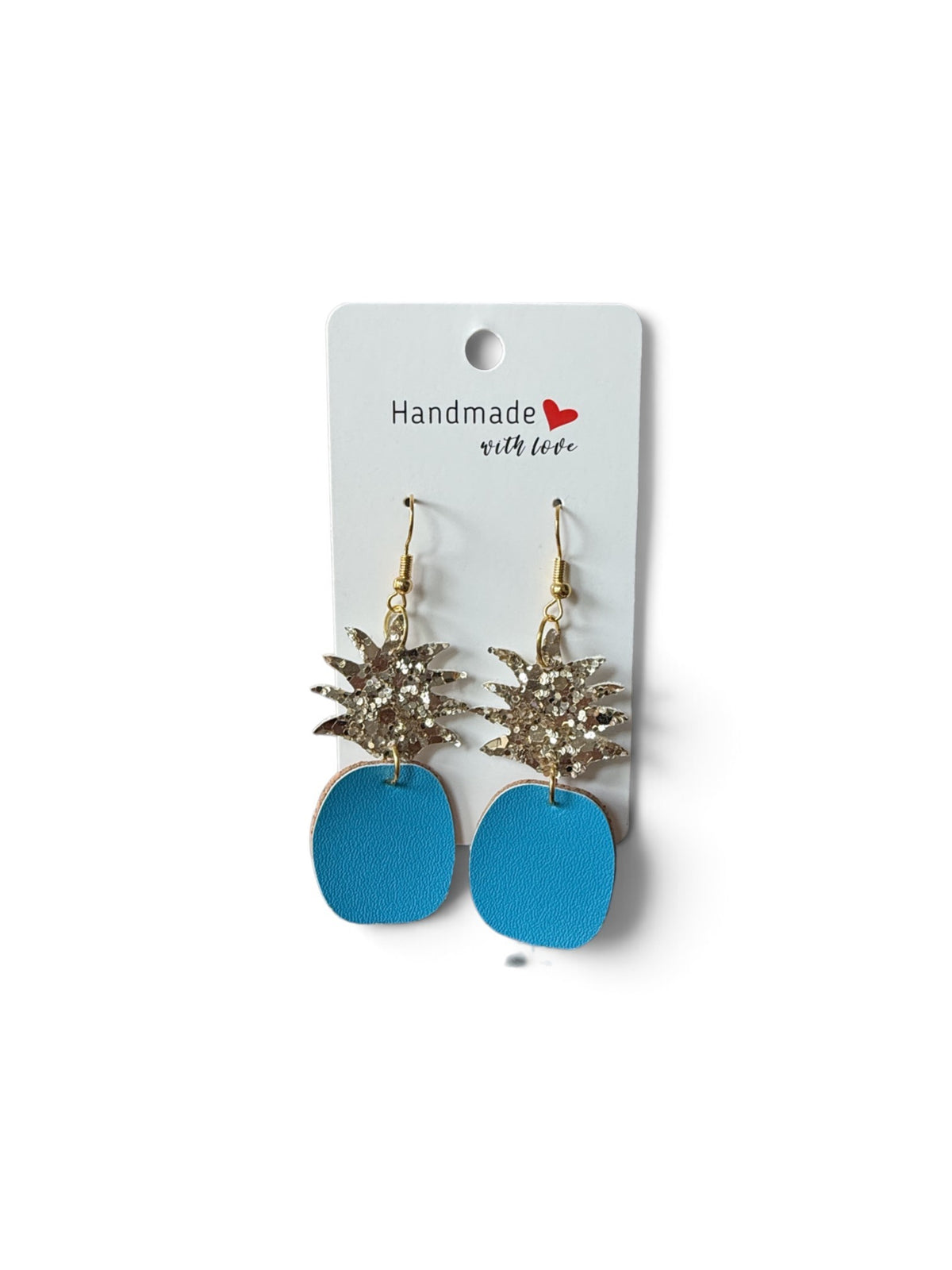 Roselee Glitz pineapple drop earrings with gold glitter tops and bright blue faux leather bases on a display card