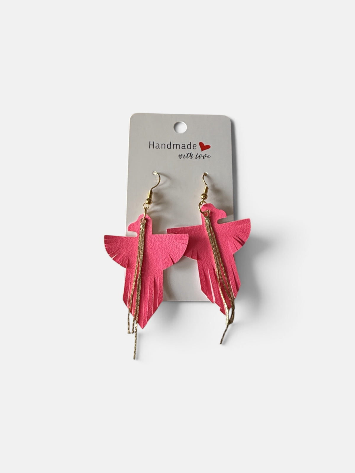 Roselee Glitz hot pink faux leather bird-shaped dangle earrings with gold fringe tassels and fishhook wires.