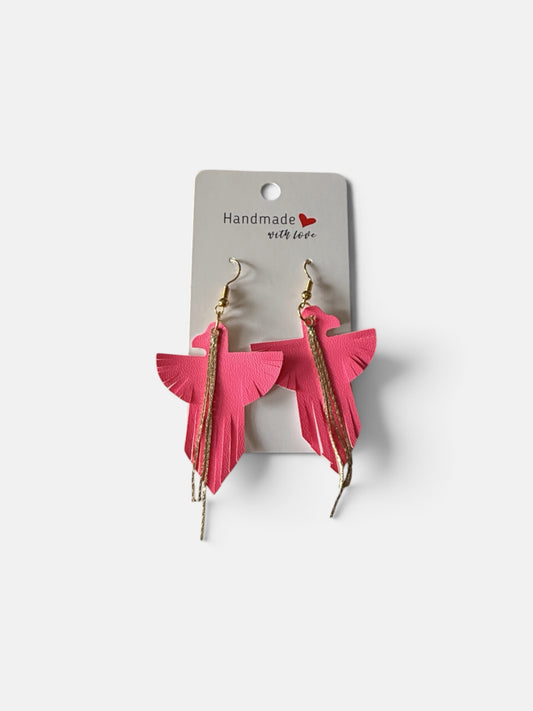 Roselee Glitz hot pink faux leather bird-shaped dangle earrings with gold fringe tassels and fishhook wires.