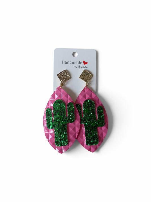 Roselee Glitz hot pink quilted teardrop earrings with glittery green cactus cutouts and gold-tone diamond studs.