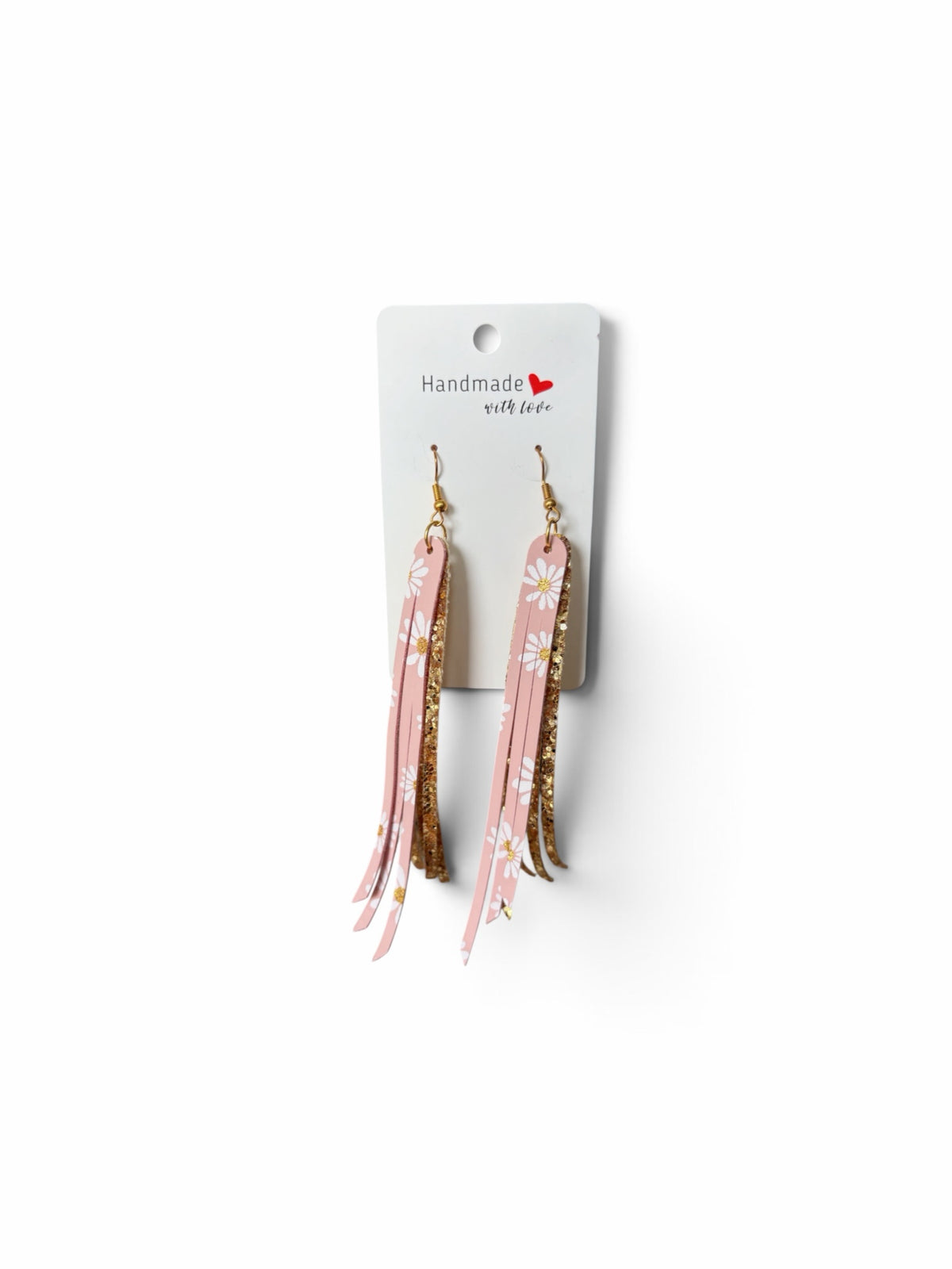 Roselee Glitz handmade pink faux leather fringe dangle earrings with white daisy print and gold glitter accents.
