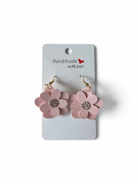 Roselee Glitz handmade blush-pink faux leather floral drop earrings with glitter centers and gold-tone fishhook wires.