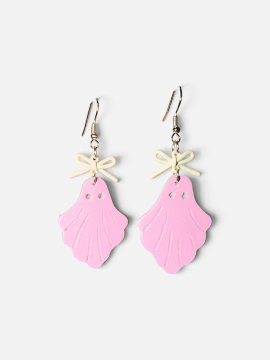Roselee Glitz pastel pink ghost-shaped dangle earrings with cream-colored bows and silver-tone hook backings.