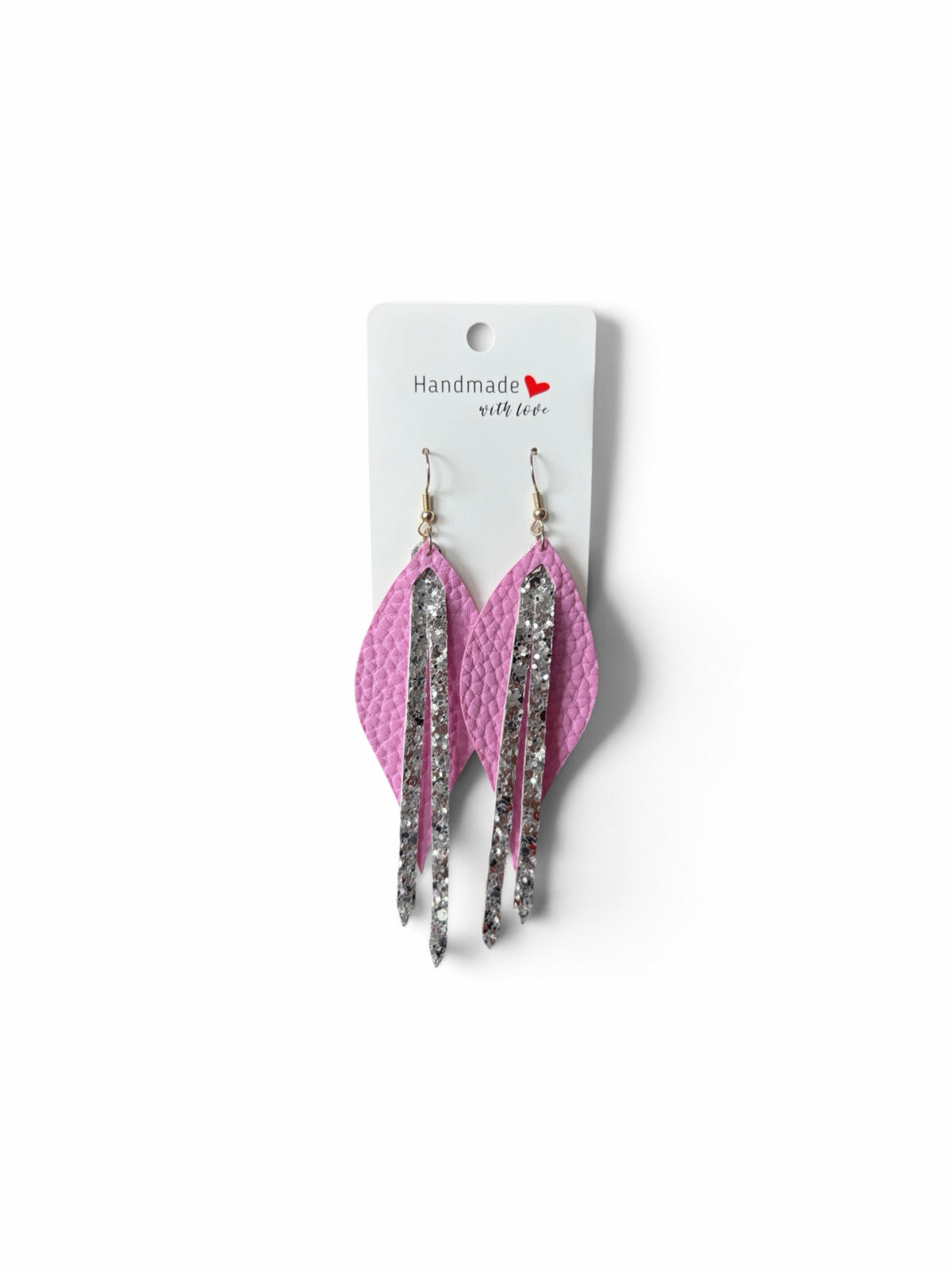 Roselee Glitz handmade pink leather leaf dangle earrings with shimmering silver glitter accents on gold-tone hooks.