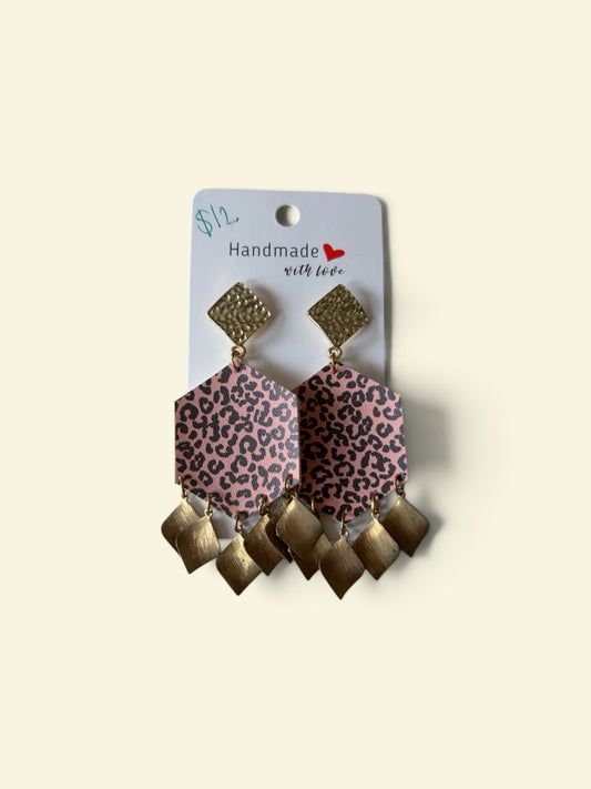 Roselee Glitz handmade geometric hexagon earrings with pink leopard print and hammered gold-tone diamond charms.