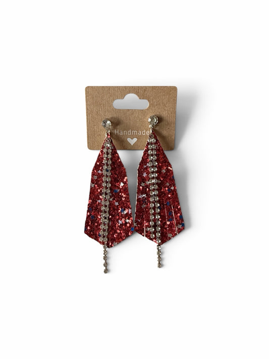 Roselee Glitz red glitter fringe dangle earrings with vertical rhinestone accents on a handmade display card