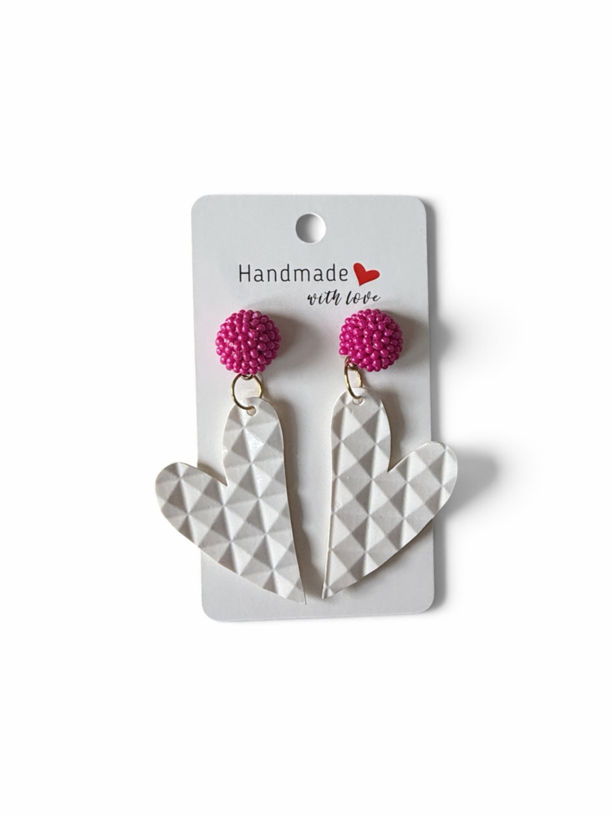 Roselee Glitz handmade dangle earrings with hot pink beaded studs and white geometric textured heart drops