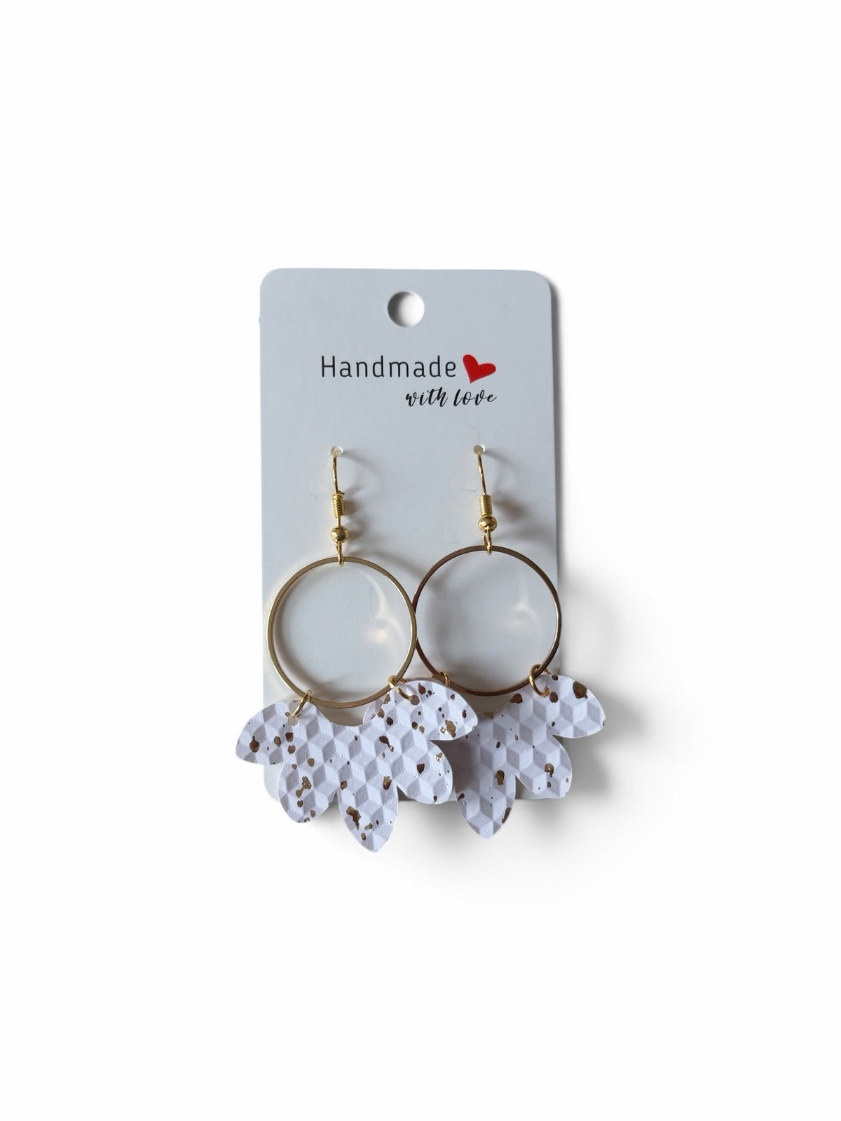 Roselee Glitz handmade hoop drop earrings with gold-tone frames and white textured fan-shaped accents with gold flecks.