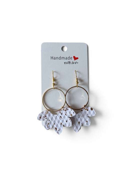 Roselee Glitz handmade hoop drop earrings with gold-tone frames and white textured fan-shaped accents with gold flecks.