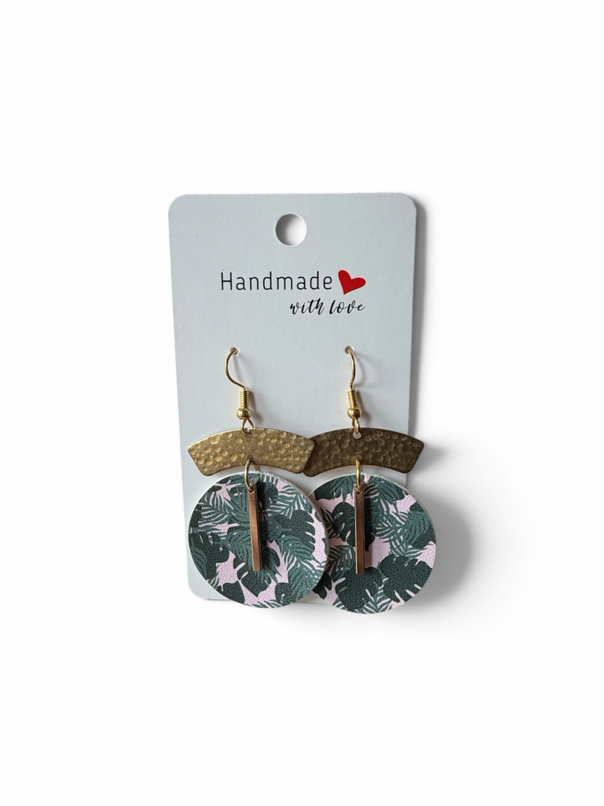 Roselee Glitz handmade drop earrings featuring green and pink tropical leaf faux leather discs with gold metal arches.