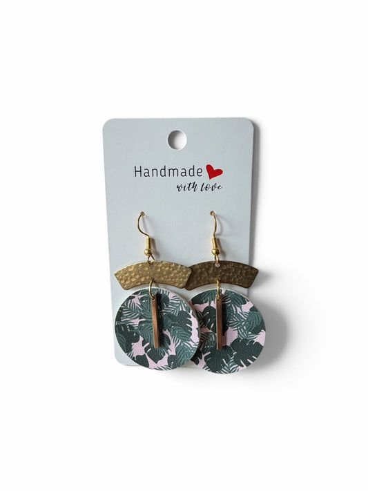 Roselee Glitz handmade drop earrings featuring green and pink tropical leaf faux leather discs with gold metal arches.