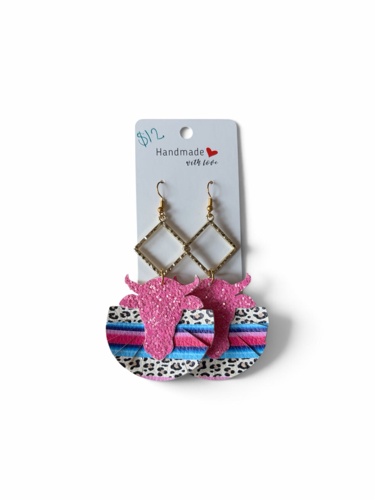 Roselee Glitz handmade western dangle earrings featuring pink glitter cow silhouettes, serape stripes, and leopard print.