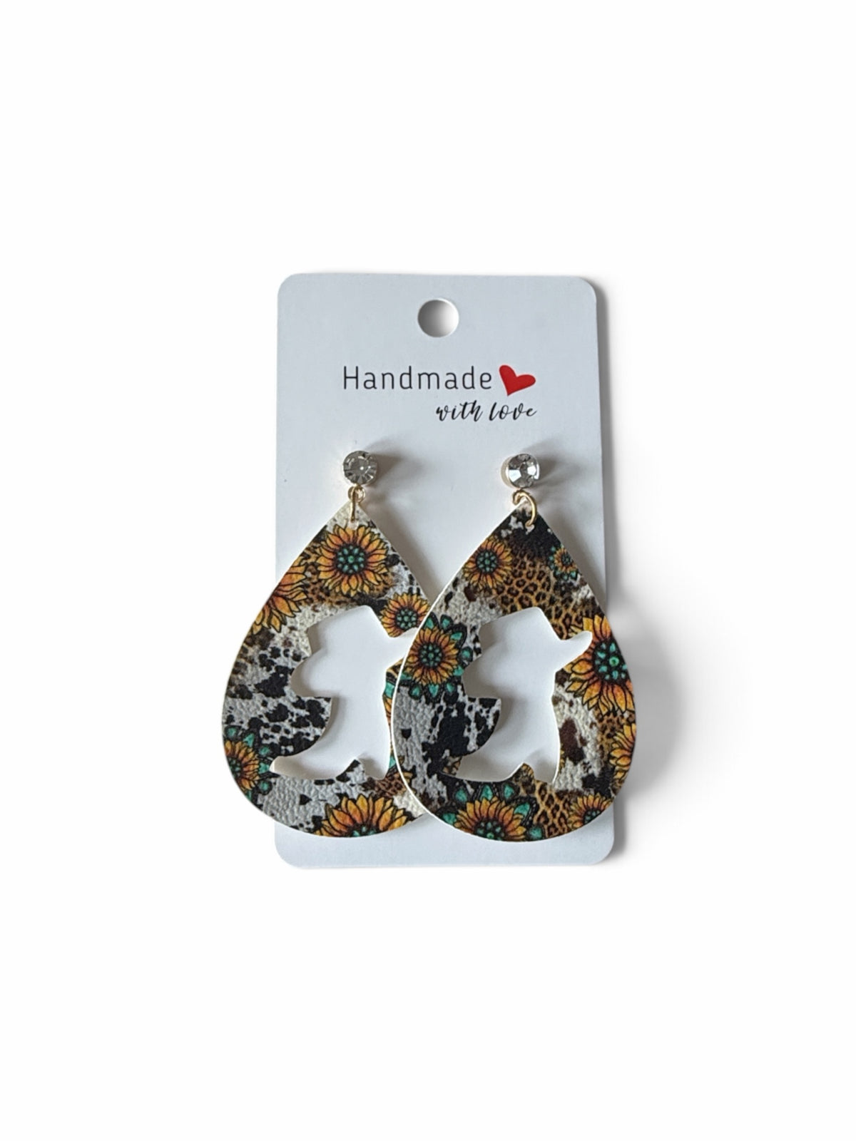 Roselee Glitz teardrop earrings featuring a cowboy boot cutout, sunflower print, leopard pattern, and crystal studs.