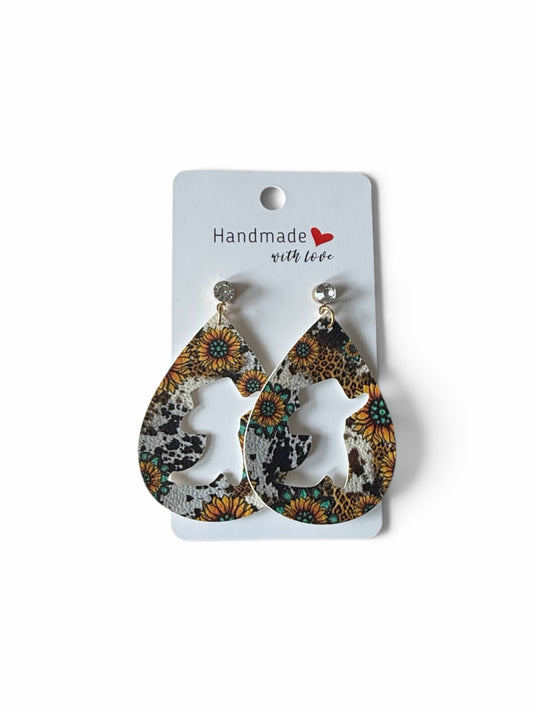Roselee Glitz teardrop earrings featuring a cowboy boot cutout, sunflower print, leopard pattern, and crystal studs.