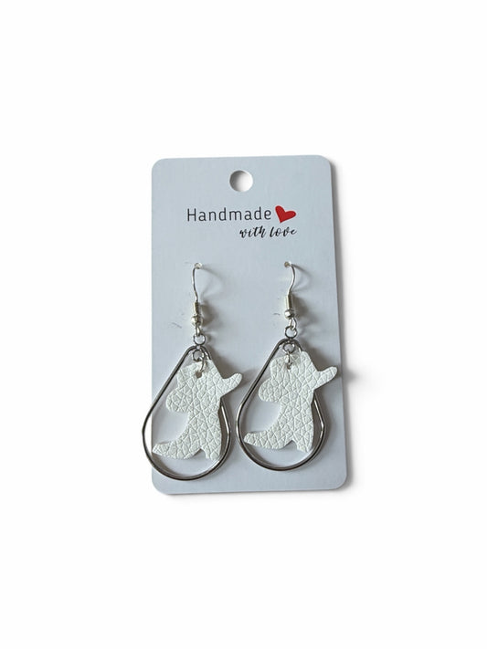 Roselee Glitz white faux-leather cowboy boot earrings featuring a silver-toned teardrop frame on a display card.