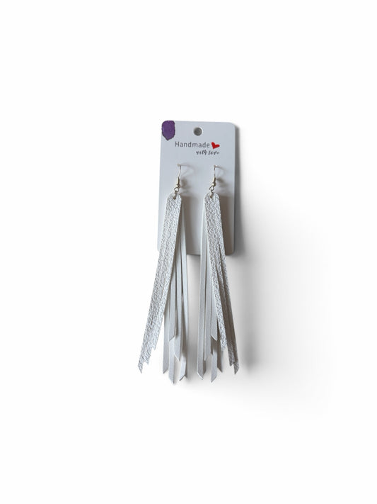 Roselee Glitz handmade white leather fringe dangle earrings with silver-toned hooks on a display card