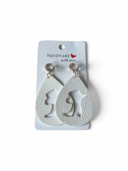 Roselee Glitz white textured faux leather teardrop dangle earrings with crystal studs on a handmade display card.